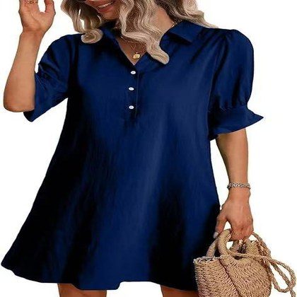 Collared Half Button Puff Sleeve Loose A-Line Cotton Mini Dress