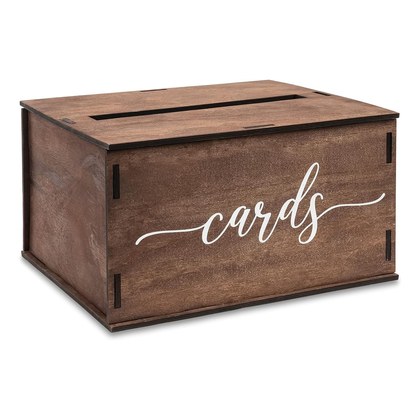 Rustic Dark Brown Wooden Wedding Card Box With Script Cards Print, Removable Lid Envelope Gift Card Holder For Wedding Reception Bridal Shower Party…