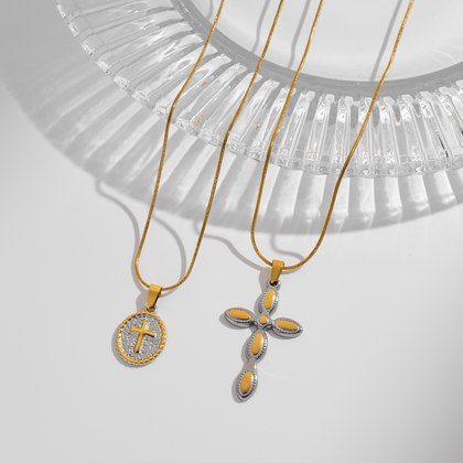 Stainless Steel Double-color Cross Pendant Necklace