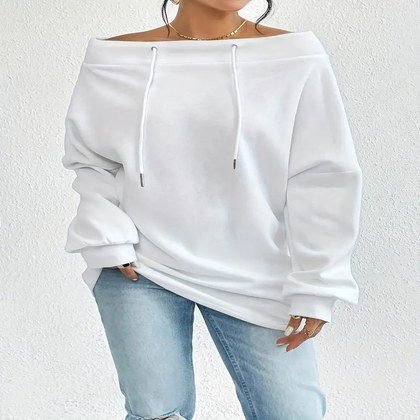 Women's Loose Casual Off Shoulder Sweatshirt, Sexy Drawstring Boat Neck Blouse