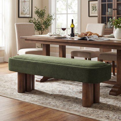 Indoor Green Fabric Dining Bench With Walnut Color Legs, 60.04 L Upholstered Seating For Kitchen, Dining Room And Living Space,250lbs Capacity