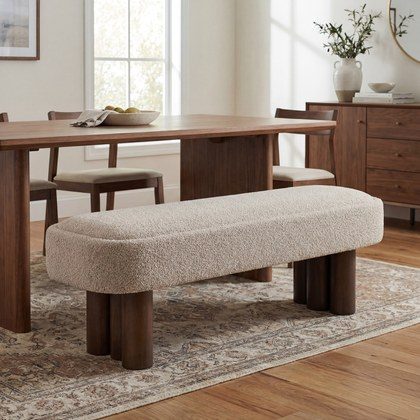 Indoor Khaki Boucle Dining Bench With Walnut Color Legs, 60.04 L Upholstered Seating For Kitchen, Dining Room And Living Space,250lbs Capacity