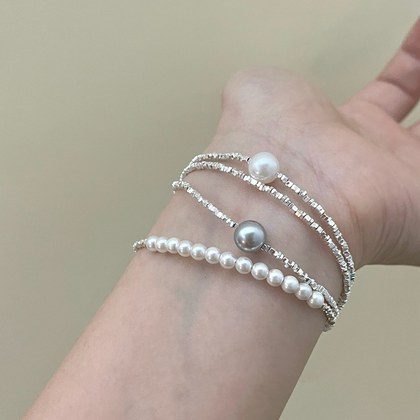 Minimalist Broken Silver Patchwork Highlight Pearl Bracelet