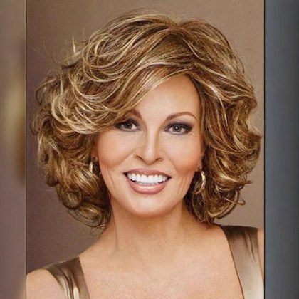 Womens Short Curly Wig Middle Part Pear-cut Style Golden Color