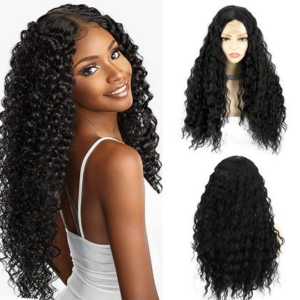 Womens Long Curly Black Lace Wig