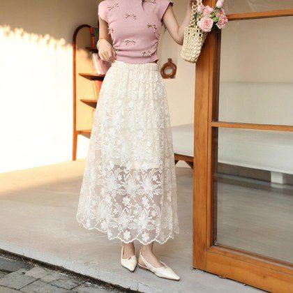 Retro Crochet Hollow-out Design Midi Skirt