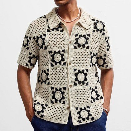 Mens Summer Hollow-Out Crochet Short-Sleeve Shirt