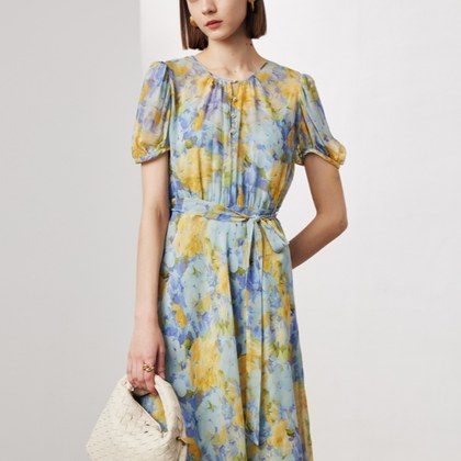 Floral Ladylike Waist-cinching Long Dress