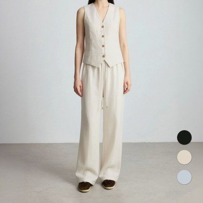 Tencel Linen Elastic Waist Drawstring Straight-leg Set