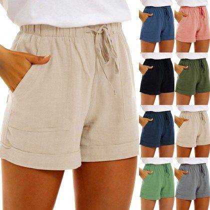 Womens Solid-Color Cotton-Linen Pocketed Drawstring High-Waist Casual Shorts
