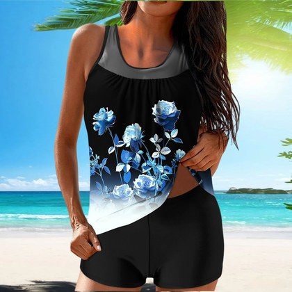 New Womens Printed Polyester Floral Print Tank Top And Shorts Swimsuit