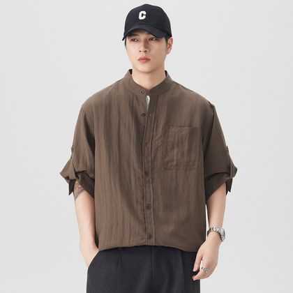 Mens Five-quarter-sleeve Stand-collar Cardigan Shirt
