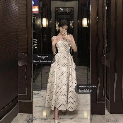 Womens Long Dress With French-style Polka-dot Straps