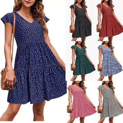 Womens Fashionable Casual V-Neck Pleated Dress