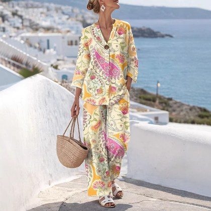 Womens Set Resort-style Loose-fitting Long-sleeve Shirt And Casual Trousers
