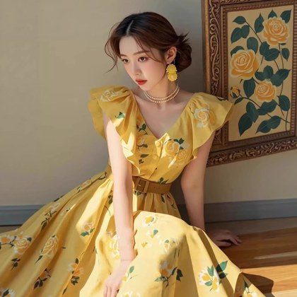 Yellow Rose-Print Petite-Sleeve Dress For Women