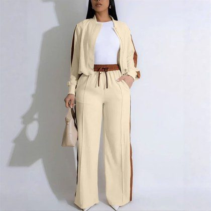 New Womens Casual Sporty Color-block Relaxed-fit Long-sleeve Set With Zipper Details
