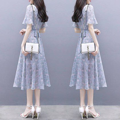 Waist-cinching Figure-flattering Floral Ice-silk Dress