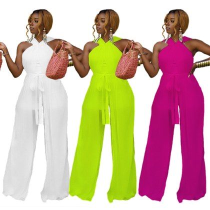 Summer New Womens Mesh Lace-Up Jumpsuit