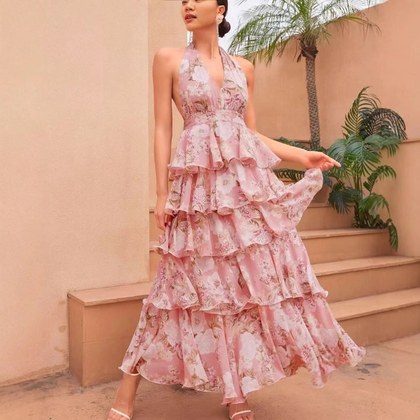 Womens V-neck Strap Multi-layer Printed Dress