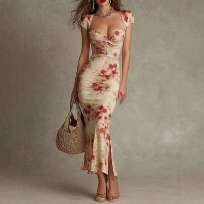 Womens Retro-Print Slim-Fit Casual Dress