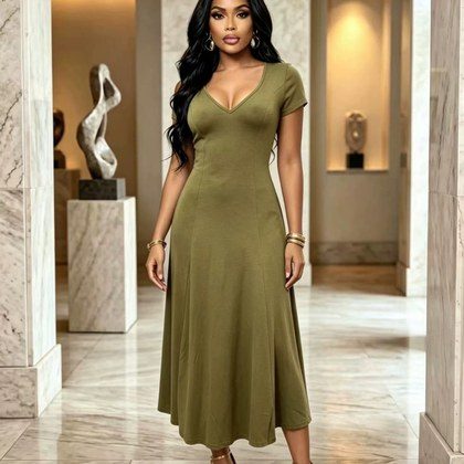 Womens Summer New Arrival American-Style Elegant Long Dress With V-Neck And Short Sleeves