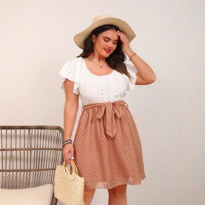 Womens Mesh Jacquard Fabric Patchwork Lace-up Dress