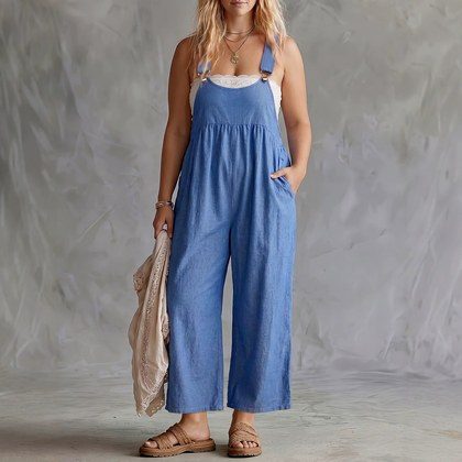 Plus-size Womens Summer Solid-color Wide-leg Jumpsuit