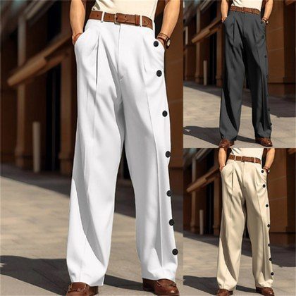 Mens Formal Solid-color Single-breasted Loose-fit Straight-leg Twill Suit Pants
