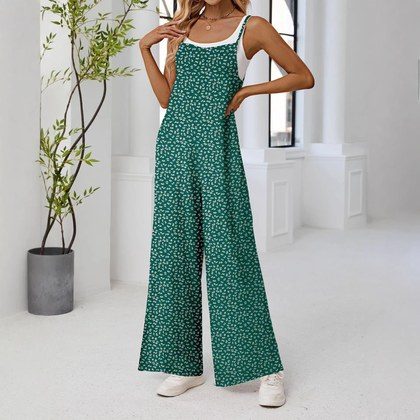 Floral-print Strap Straight-leg Wide-leg Jumpsuit For Women