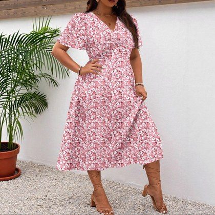 New Summer V-Neck Floral Print Plus-Size Dress