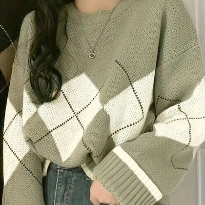 Laid-back Color-Block Crew-Neck Plus-Size Womens Long-Sleeve Knitted Sweater