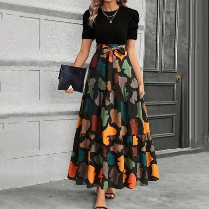 Printed Crew-Neck Long Dress Cross-Border Summer Womens Skirt