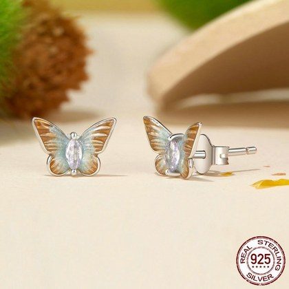 Gradient Enamel Butterfly Stud Earrings  Made Of 925 Sterling Silver