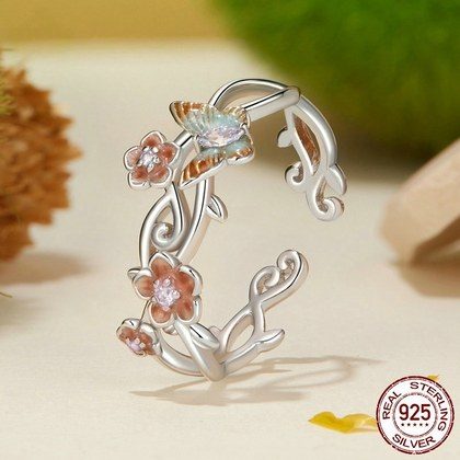 Cherry Blossom And Butterfly Open Ring  925 Sterling Silver