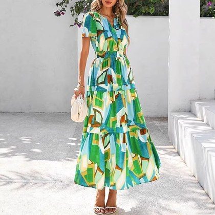 Womens Retro Floral Short-Sleeve V-Neck Dress