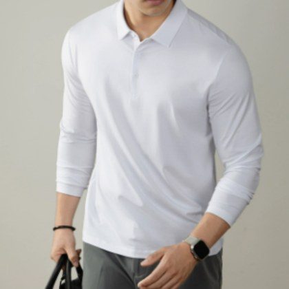 Mens Polo Shirt With Lapel Collar High-End Business Commuter Style Long Sleeve