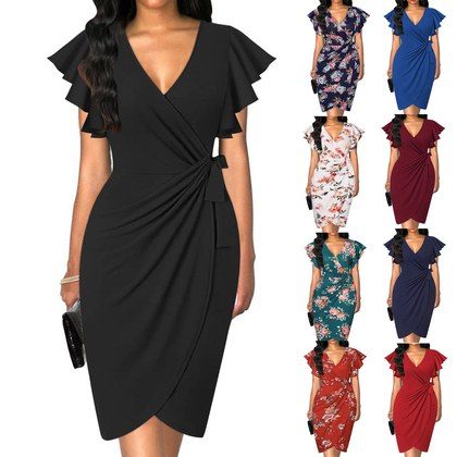 Wrap-style Slimming Waist-cinching Pleated Solid-color Dress For Women
