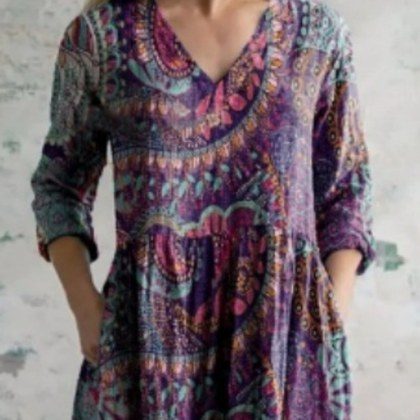 Printed Fashionable Oversized European-style Patchwork V-neck Dress With Pockets