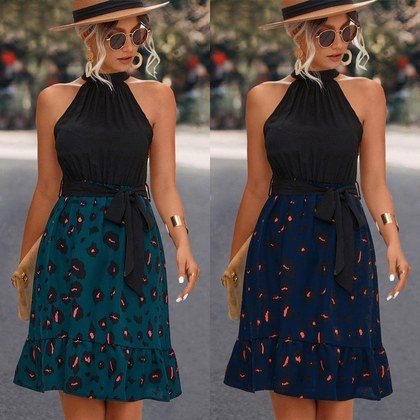 Womens Halter-Neck Patchwork Dress