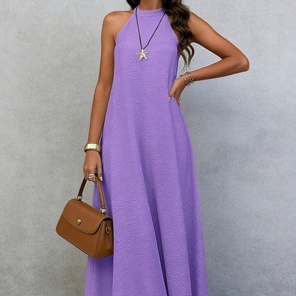 Womens Loose-fitting Plus-size Sleeveless Solid-color Dress