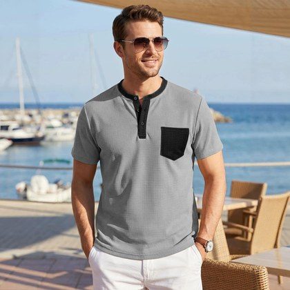 Mens Color-Block Pocket Waffle-Knit Henley T-Shirt