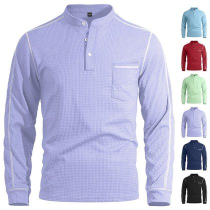 Mens Waffle-Texture Henley-Neck Long-Sleeve Polo Shirt